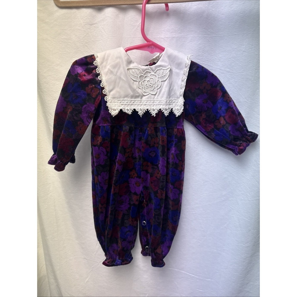 Vintage 80s 90s Baby Floral Velour Romper With Lace Rose Collar Size 0-6m
